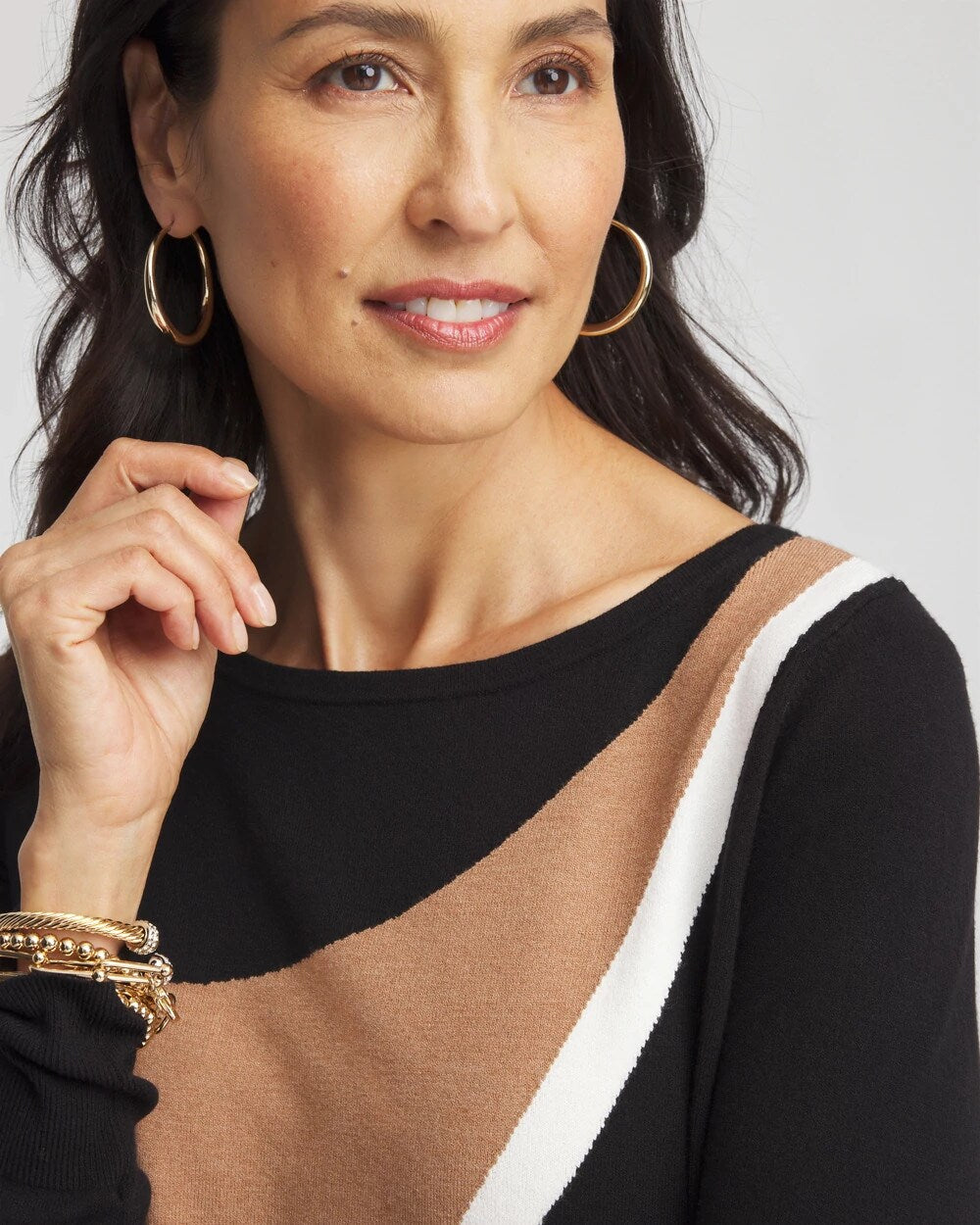 Chico's | Intarsia Colorblock Bateau Neck Sweater/ Black