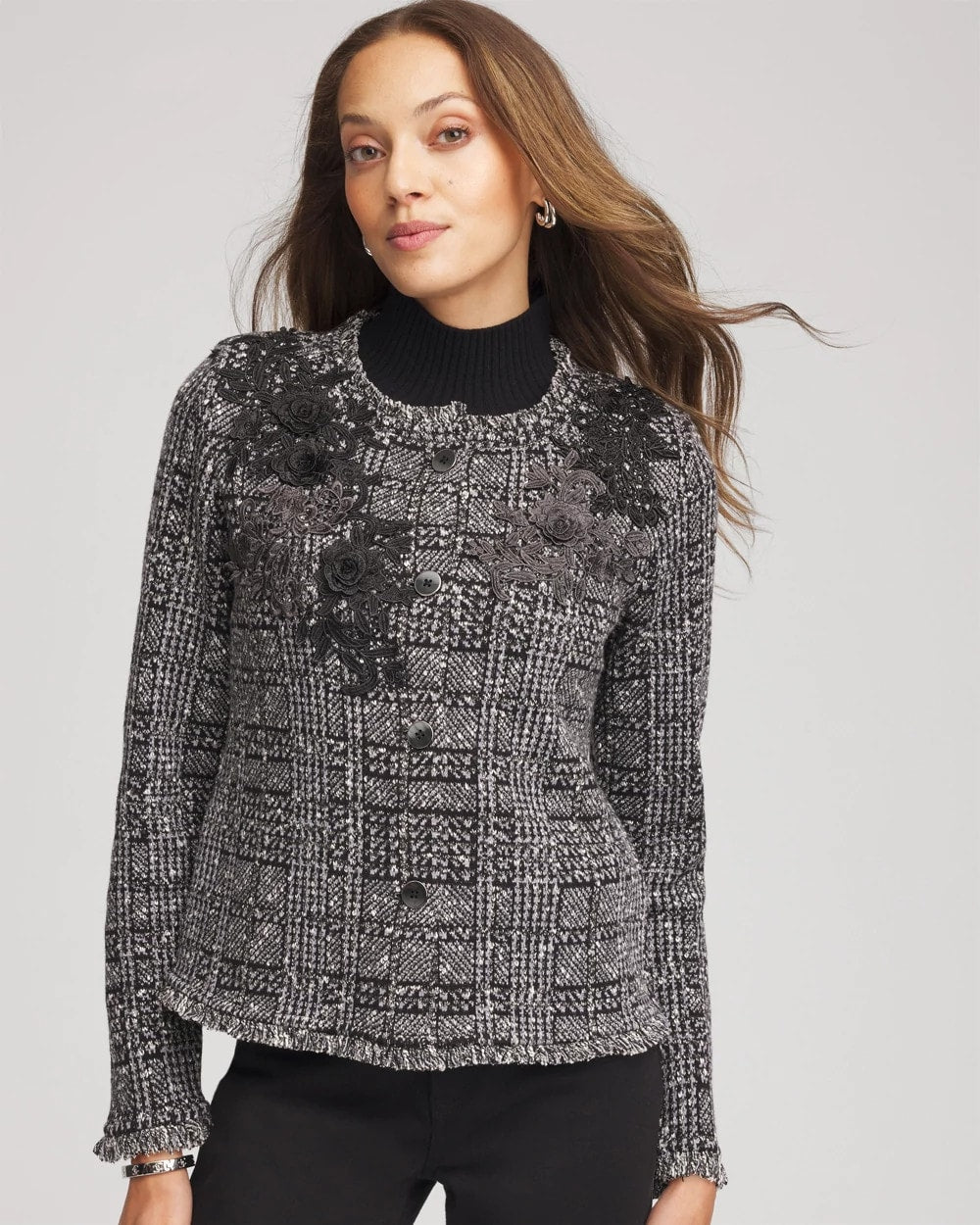 Chico's | Embroidered Metallic Tweed Cardigan/ Gray