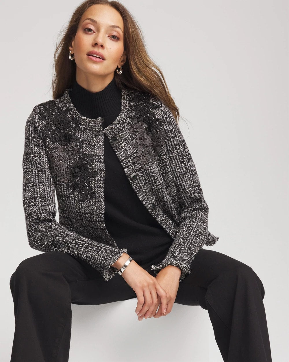 Chico's | Embroidered Metallic Tweed Cardigan/ Gray