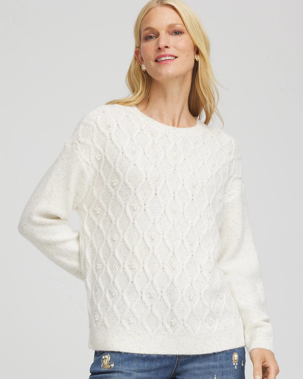 Chico's | Embellished Cable Knit Sweater/ English Cream