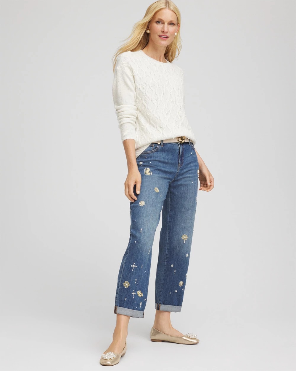 Chico's | Embellished Cable Knit Sweater/ English Cream