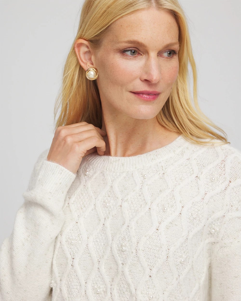 Chico's | Embellished Cable Knit Sweater/ English Cream
