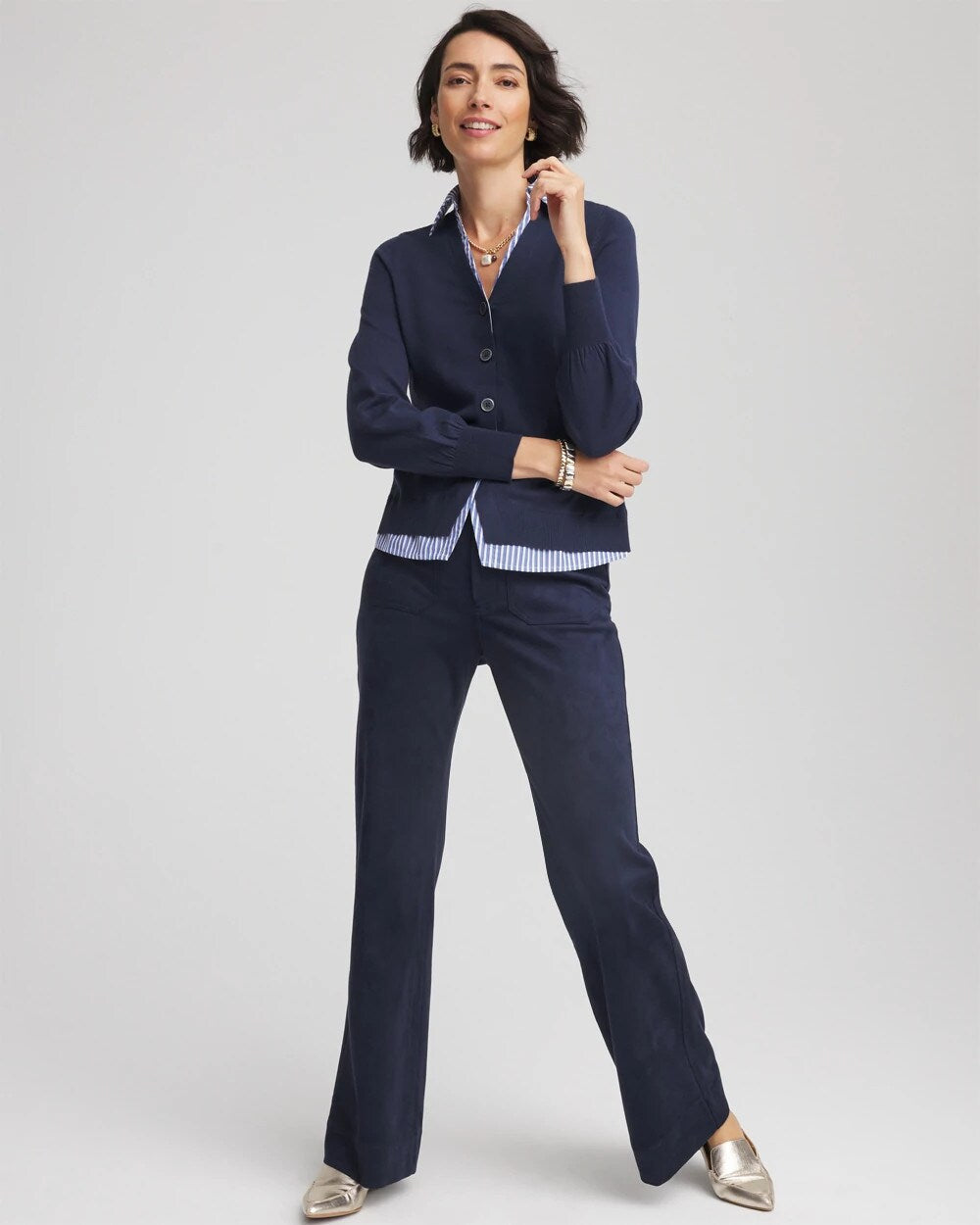Chico's | Striped Collared Cardigan Sweater/ Passport Blue