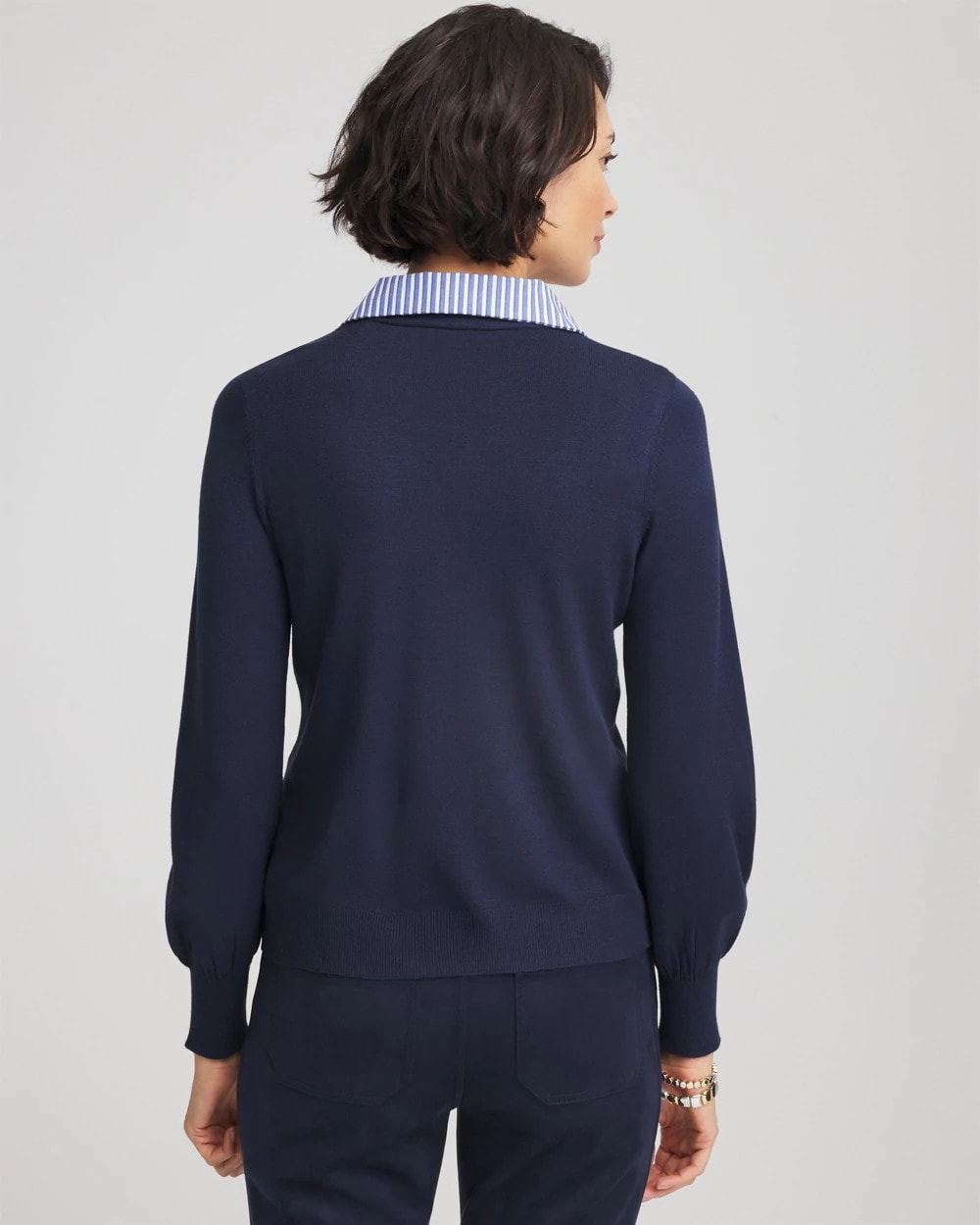 Chico's | Striped Collared Cardigan Sweater/ Passport Blue