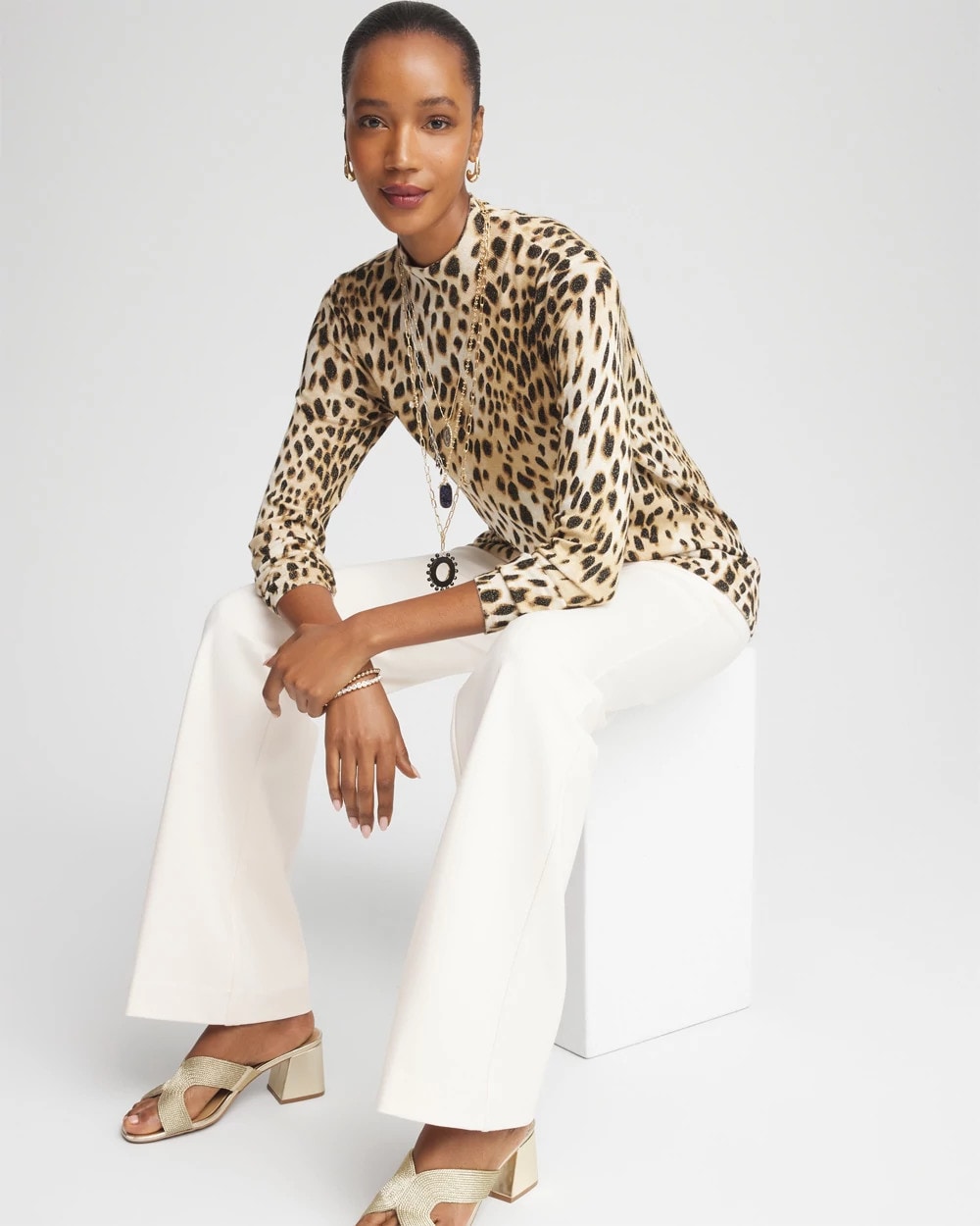 Chico's | Ella Mockneck Animal-Print Pullover Sweater/ English Cream