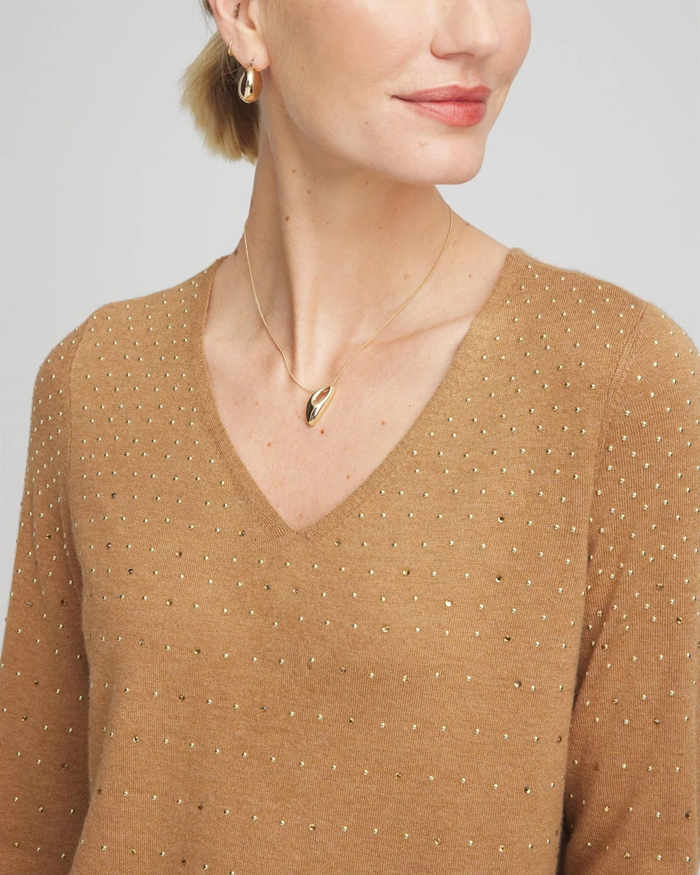 Chico's | Ella V-Neck Embellished Pullover Sweater/ Faux Camel Heather
