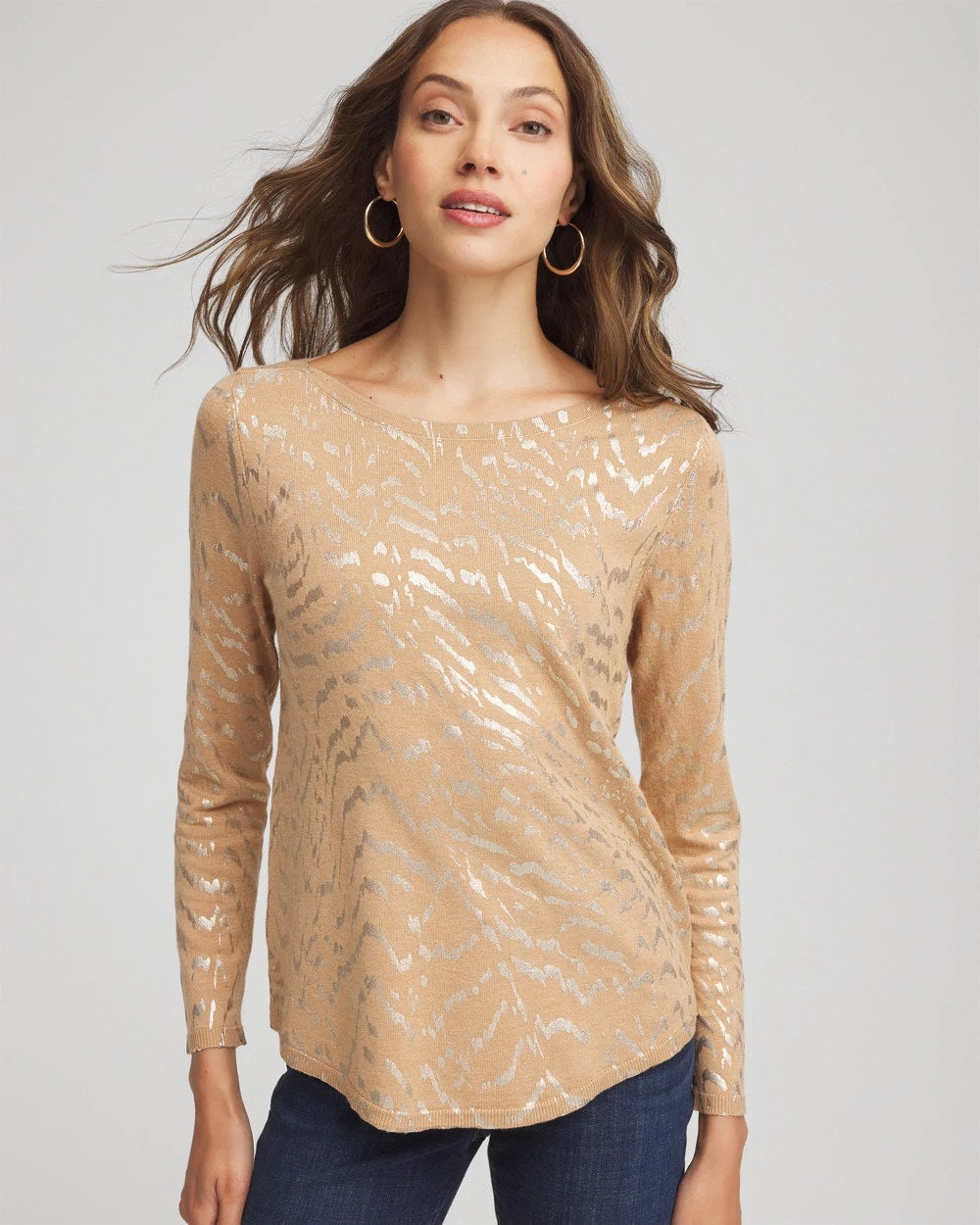 Chico's | Ella Boatneck Foiled Pullover Sweater/ Faux Camel Heather