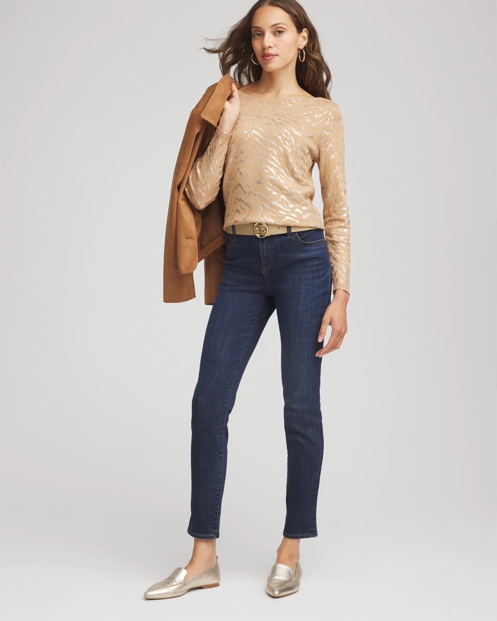 Chico's | Ella Boatneck Foiled Pullover Sweater/ Faux Camel Heather