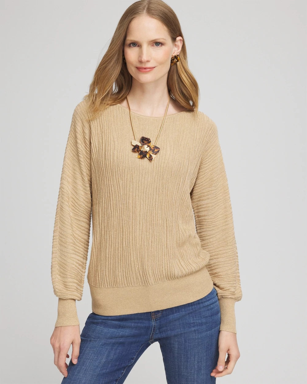 Chico's | Textured Zebra Print Dolman Sleeve Sweater/ New Camel Heather