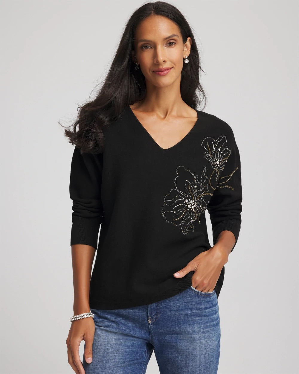 Chico's | Floral Embellished Dolman V-Neck Pullover/ Black