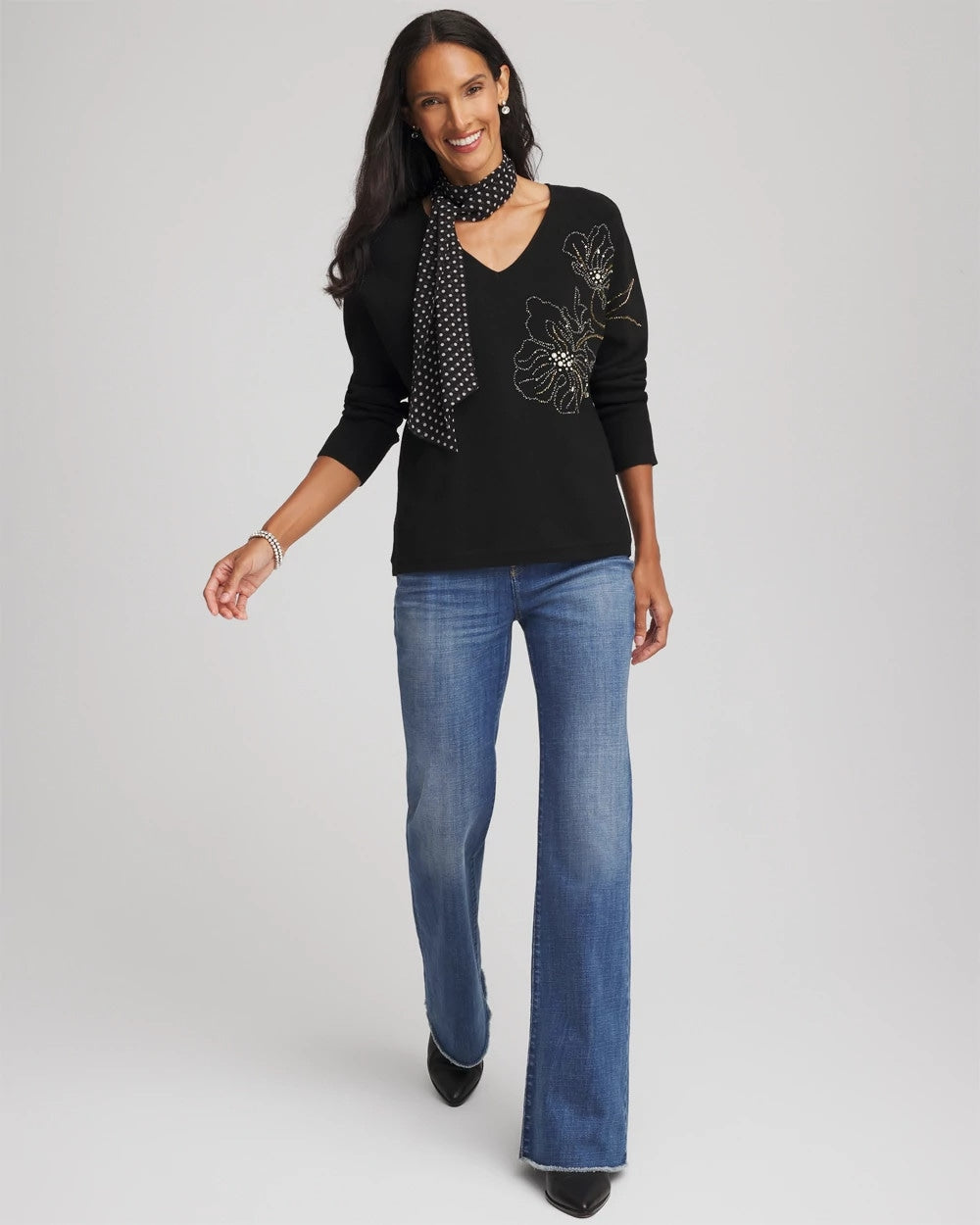 Chico's | Floral Embellished Dolman V-Neck Pullover/ Black