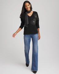 Chico's | Floral Embellished Dolman V-Neck Pullover/ Black