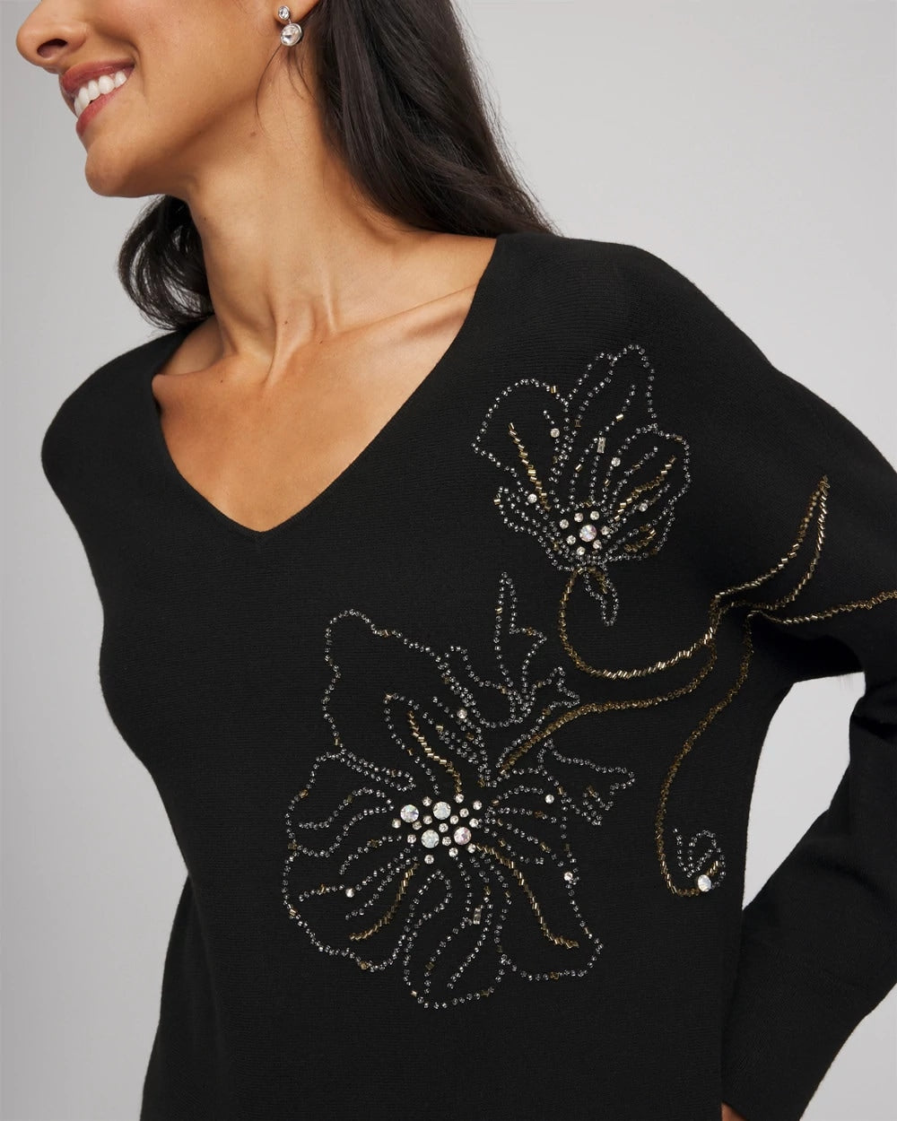 Chico's | Floral Embellished Dolman V-Neck Pullover/ Black