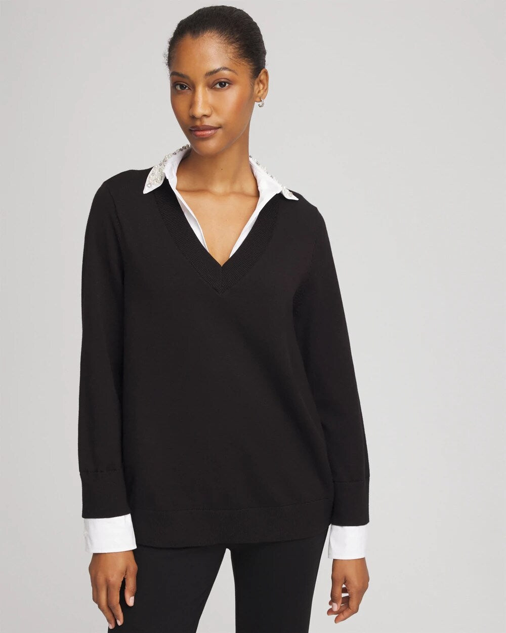 Chico's | Embellished Layered Collar Shirt Sweater/ Black