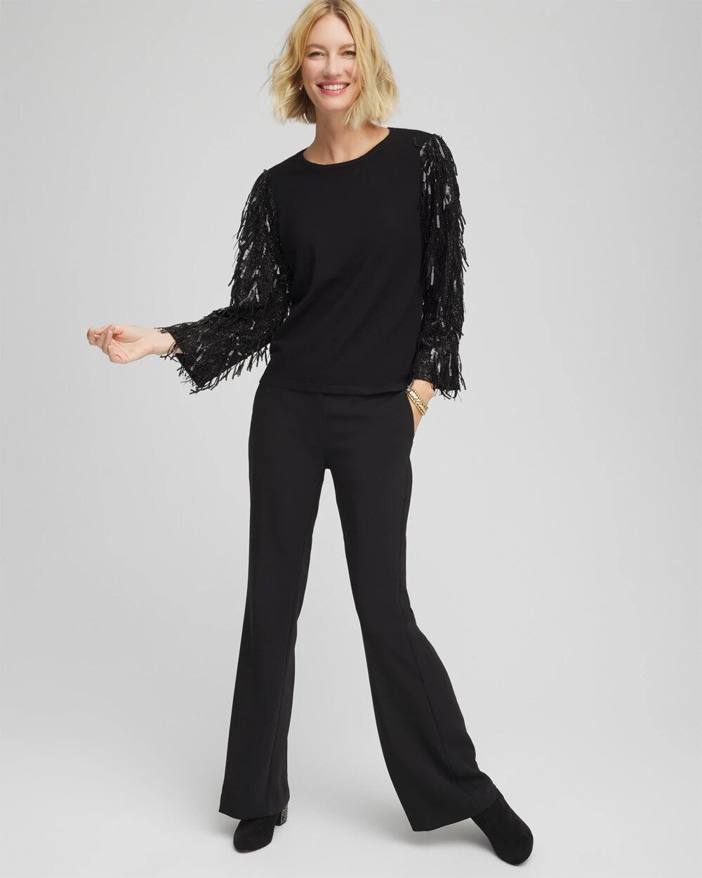Chico's | Fringe Sequins Pullover Sweater/ Black