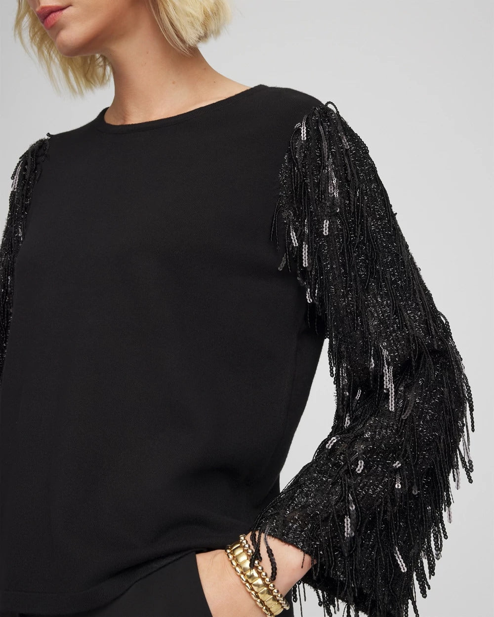 Chico's | Fringe Sequins Pullover Sweater/ Black