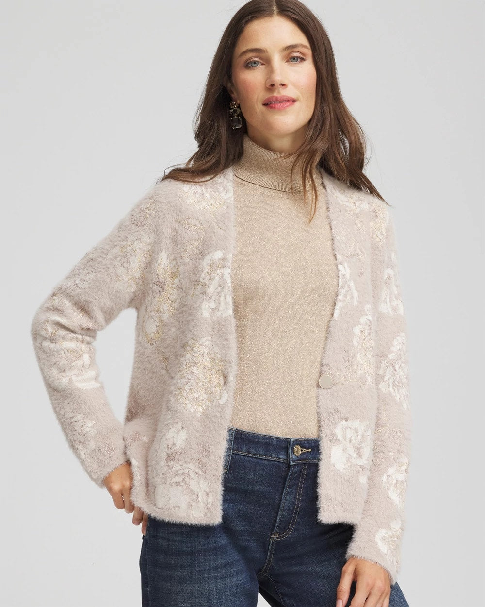 Chico's | Fuzzy Jacquard Boyfriend Cardigan/ English Cream