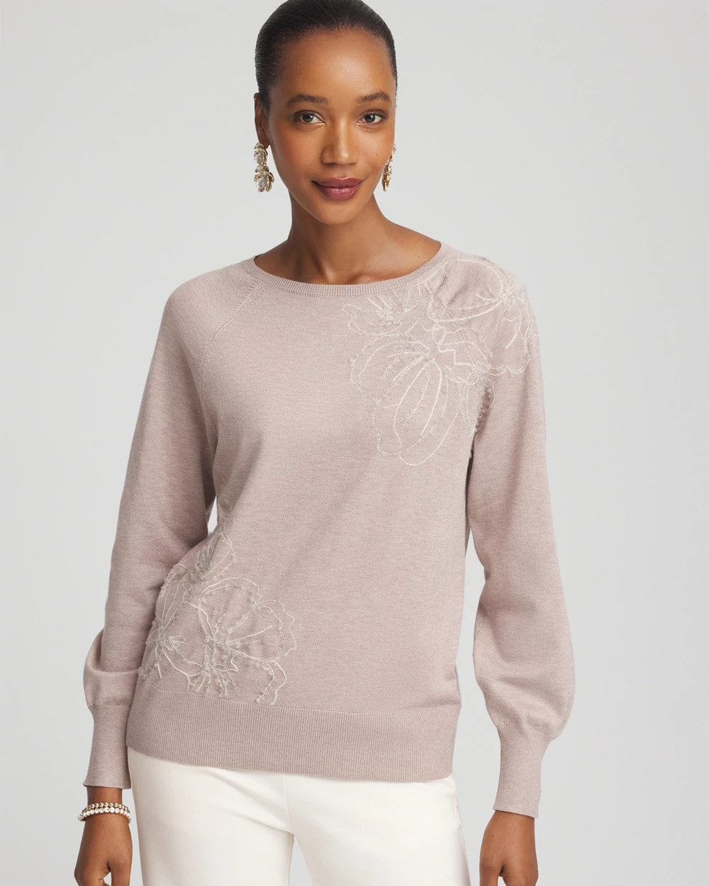 Chico's | Embroidered Pull-Over Boatneck Sweater/ Rocky Mountain