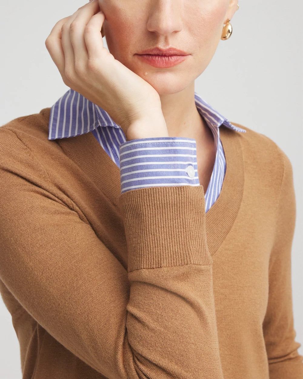 Chico's | Camel Built-In Shirt Knit Sweater/ Caramel Apple Heather