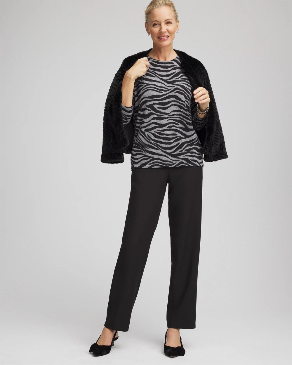Chico's | Cashmere Zebra Long-Sleeve Pullover Sweater/ Black