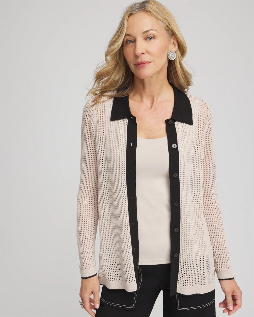 Chico's | Pointelle Polo Cardigan/ Smokey Taupe