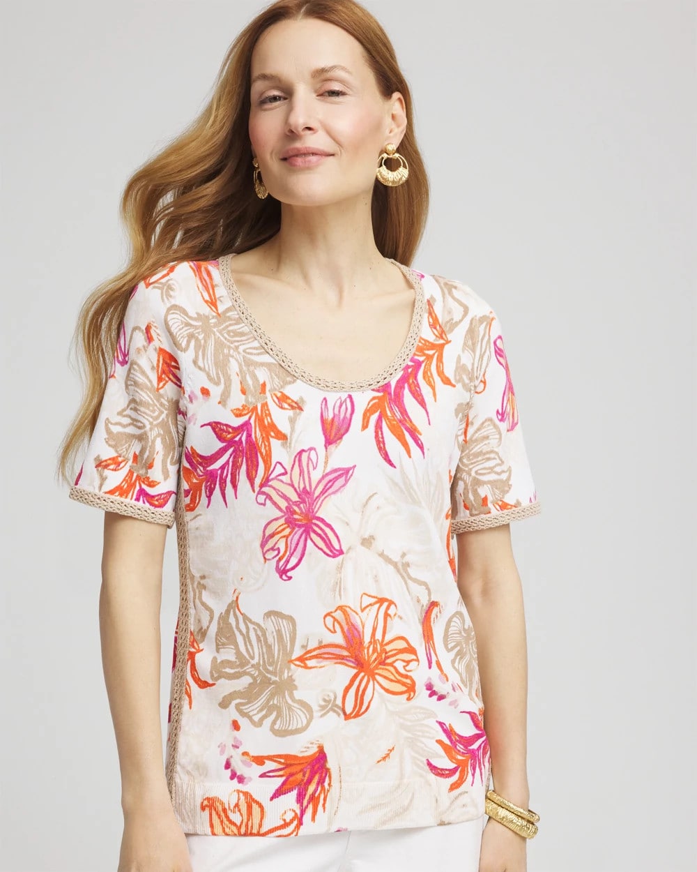 Chico's | Floral Print Crochet-Trim Pullover Sweater/ Alabaster