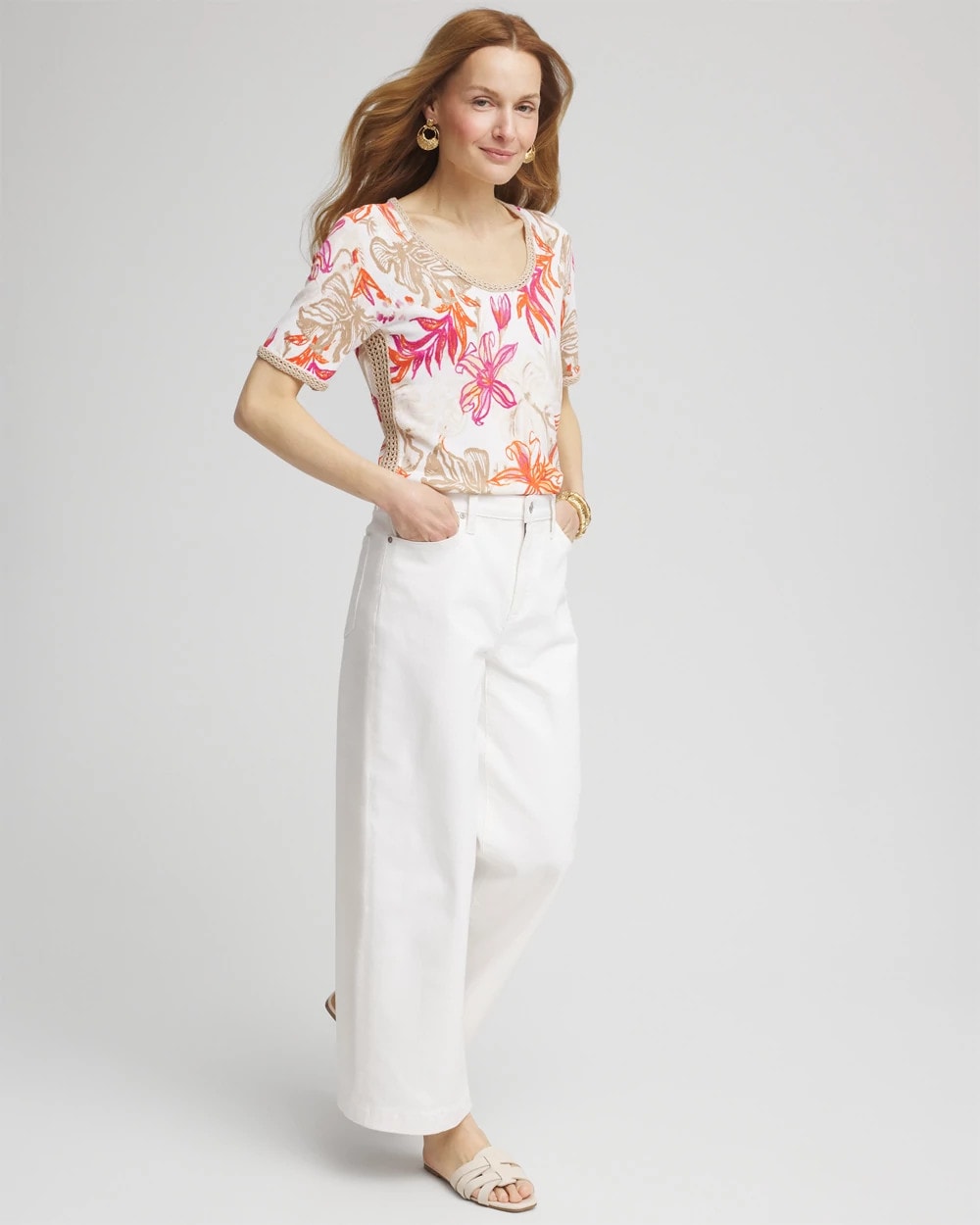 Chico's | Floral Print Crochet-Trim Pullover Sweater/ Alabaster