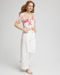 Chico's | Floral Print Crochet-Trim Pullover Sweater/ Alabaster