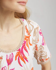 Chico's | Floral Print Crochet-Trim Pullover Sweater/ Alabaster