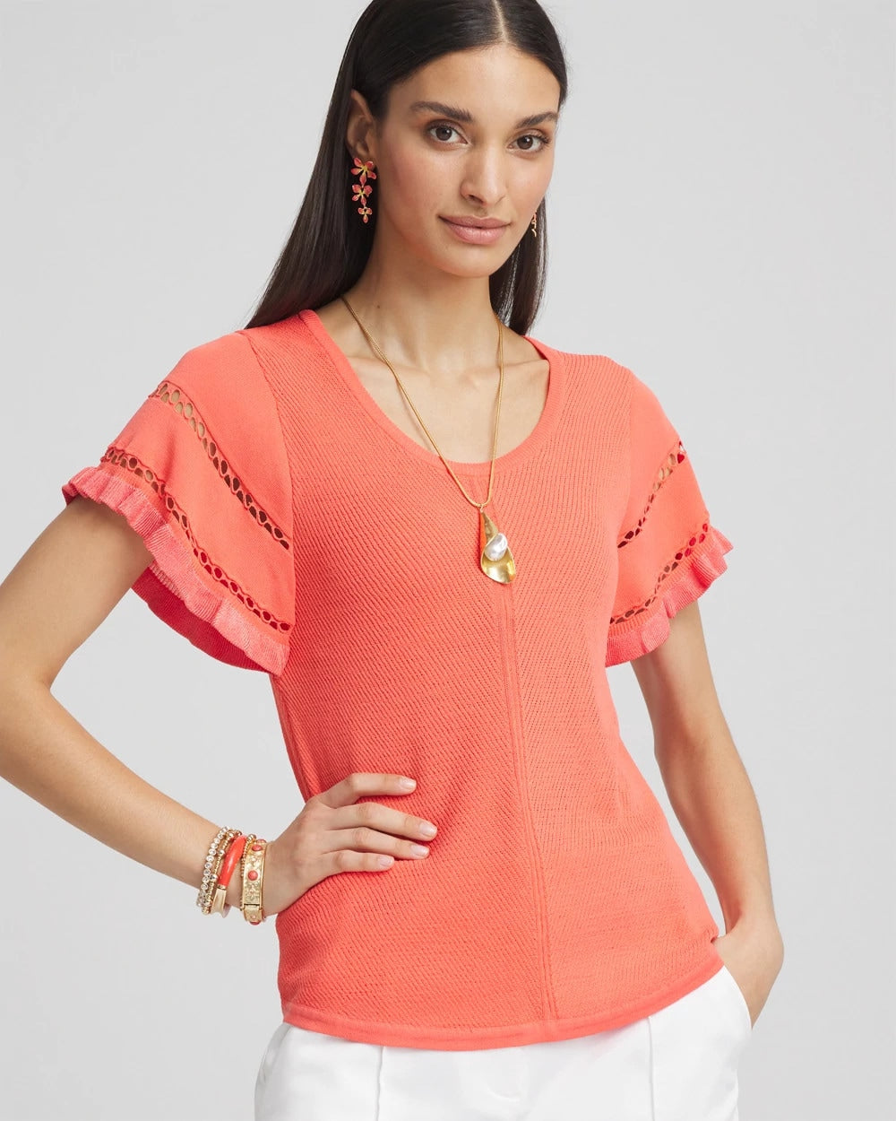 Chico's | Cutout Short-Sleeved Pullover Sweater/ Melon Mambo