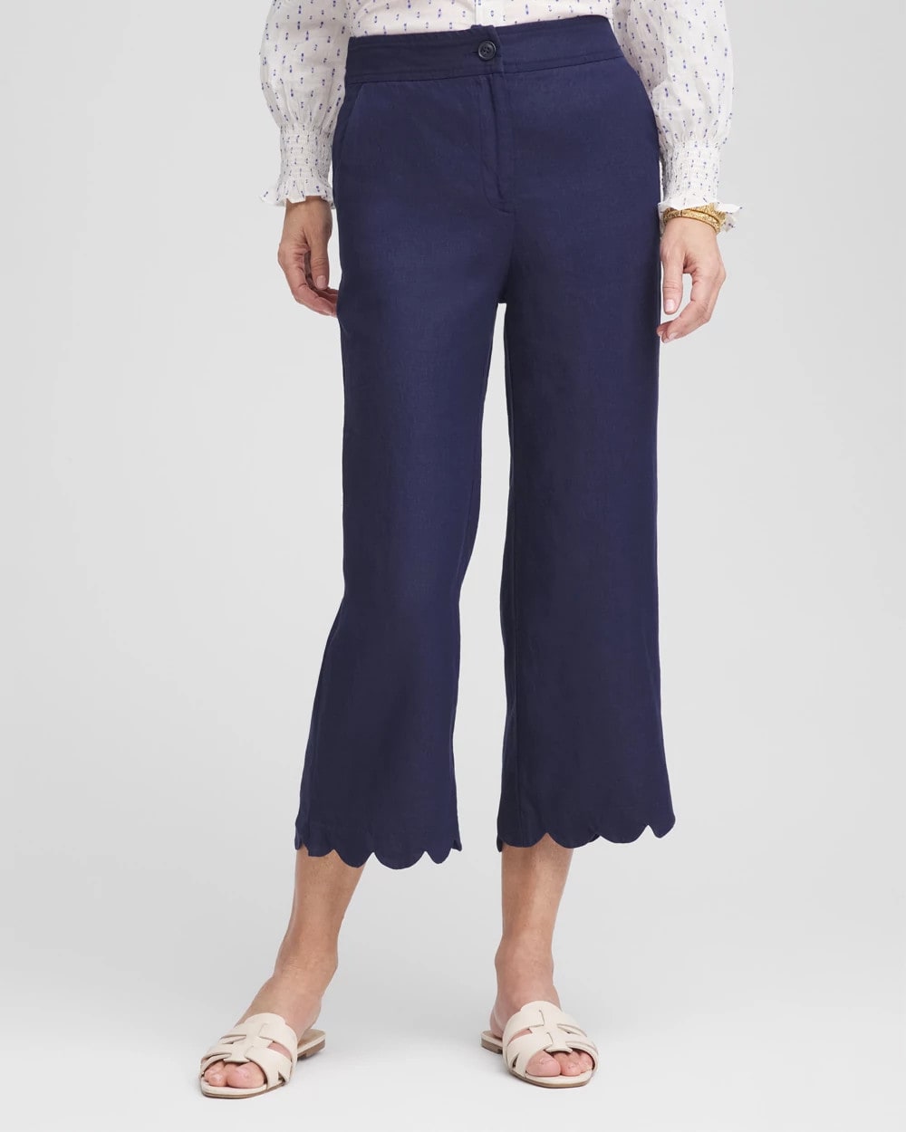 Chico's | Linen Scallop Hem Crop Pants/ Passport Blue