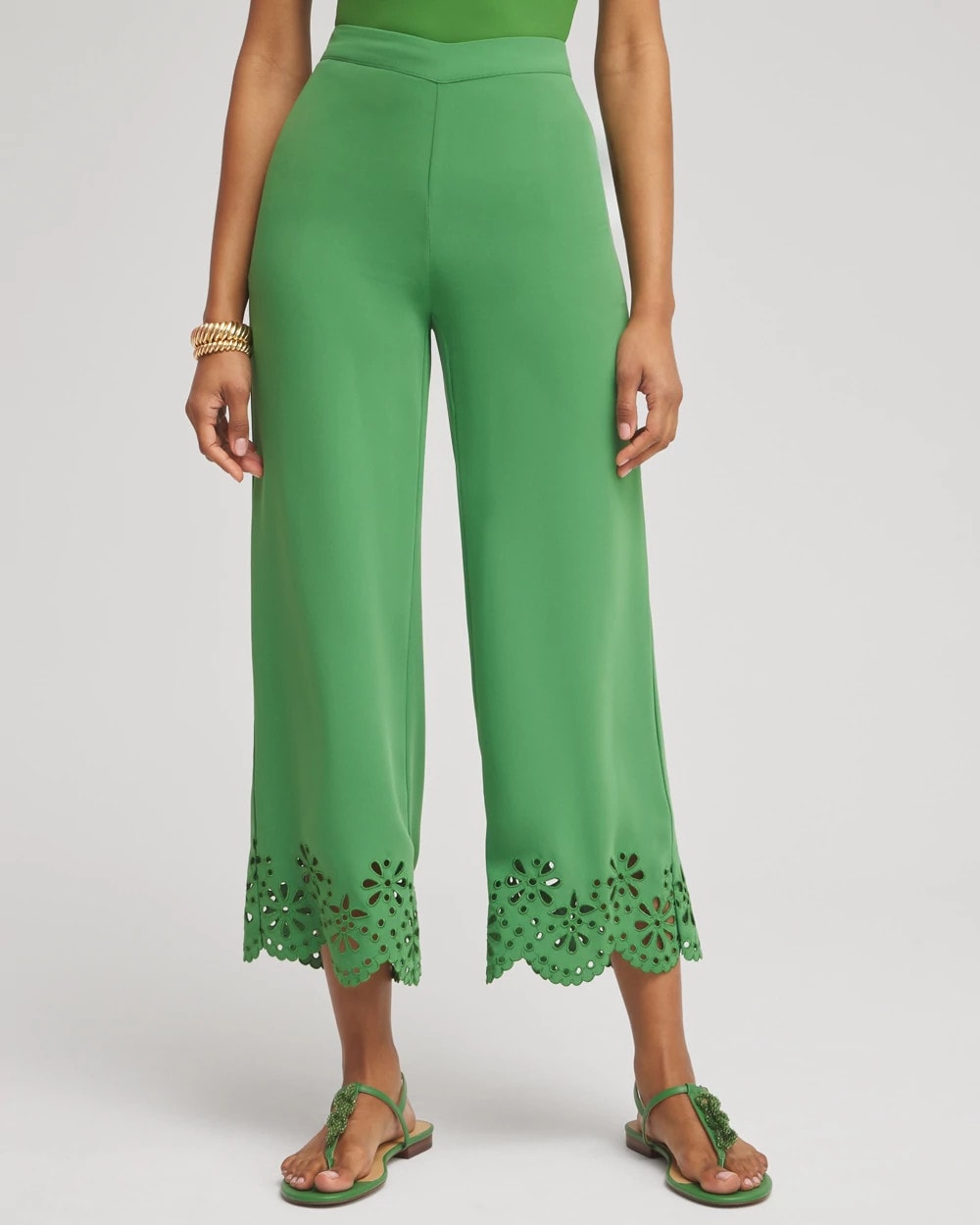 Chico's | Petite Satin Eyelet Hem Culottes/ Verdant Green