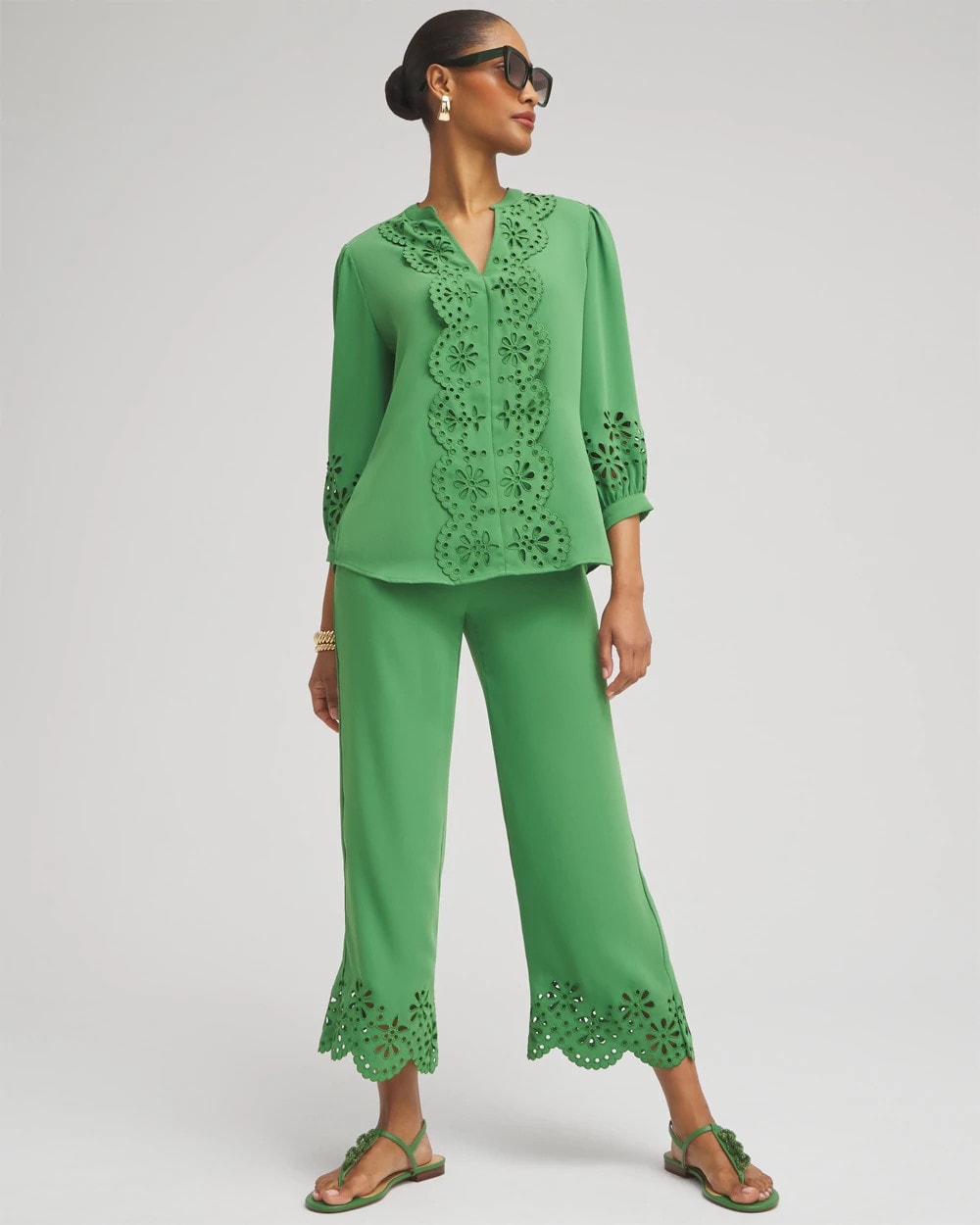 Chico's | Petite Satin Eyelet Hem Culottes/ Verdant Green