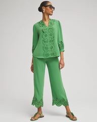 Chico's | Petite Satin Eyelet Hem Culottes/ Verdant Green