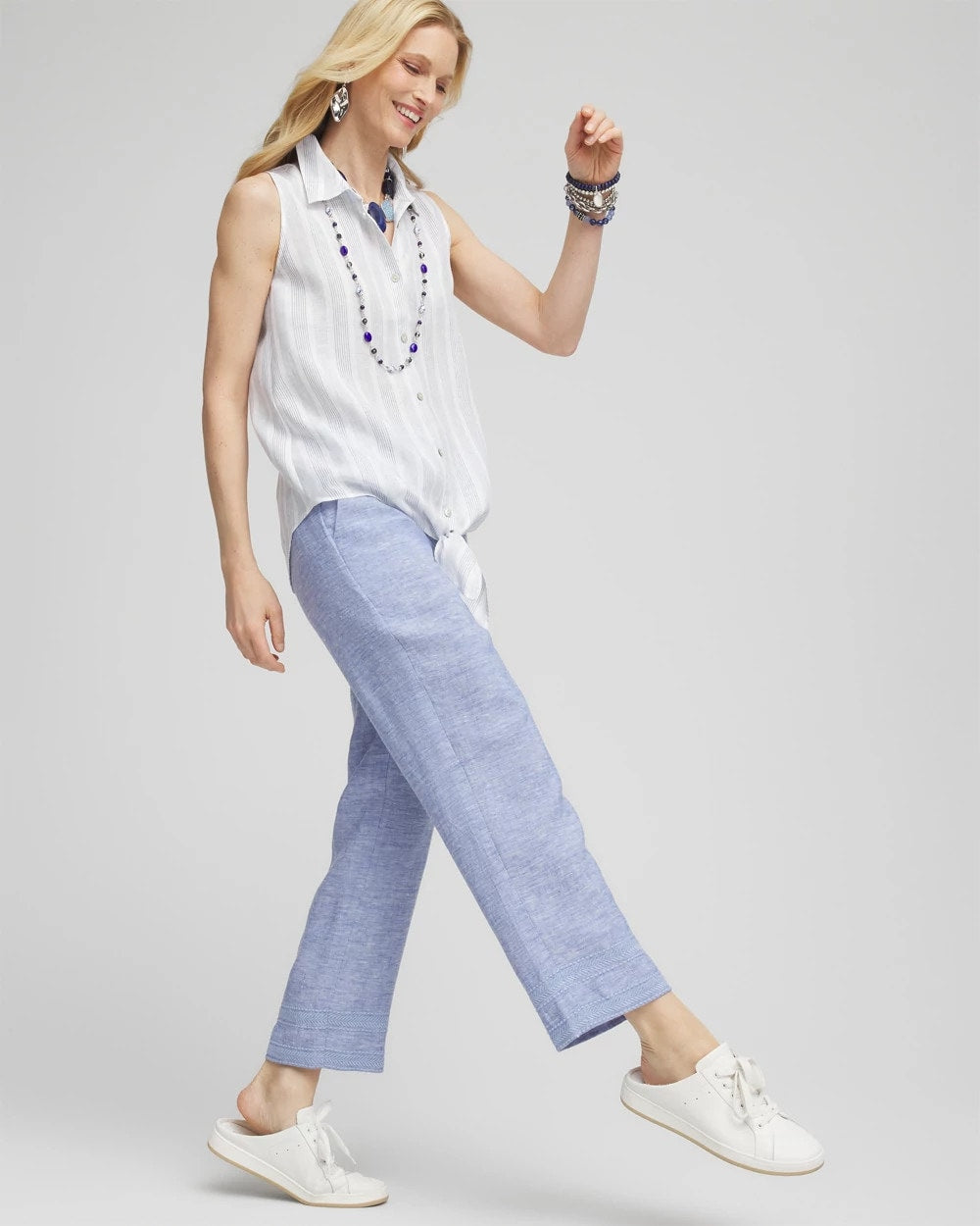 Chico's | Linen Pull On Waist Cropped Pants/ Blue