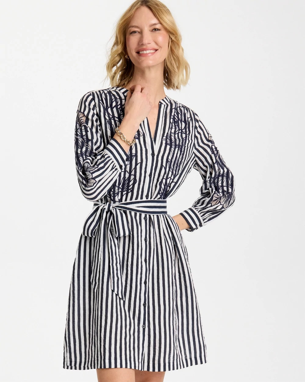 Chico's | Embroidered Striped Dress/ Navy
