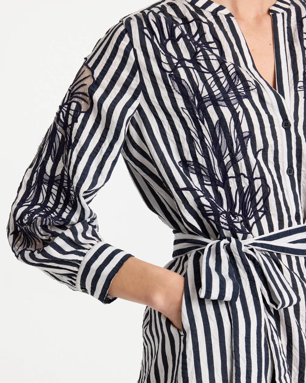 Chico's | Embroidered Striped Dress/ Navy