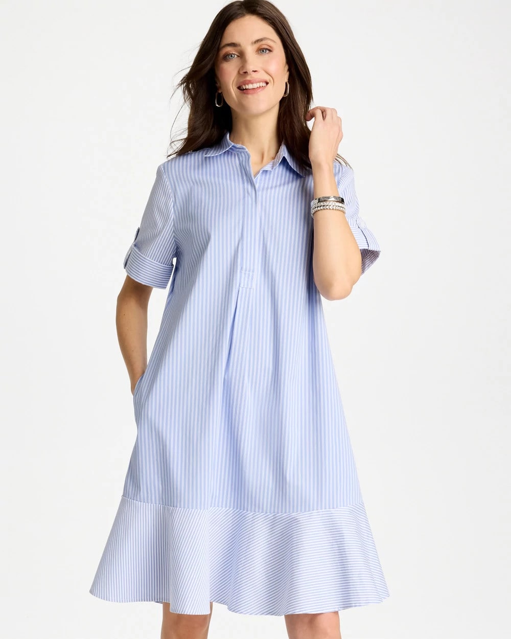 Chico's | Popover Striped Tiered Poplin Dress/ Blue Orchid