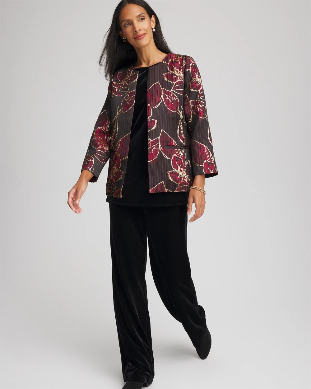 Chico's | Travelers™ Collection Jacquard Foiled Floral Jacket/ Red
