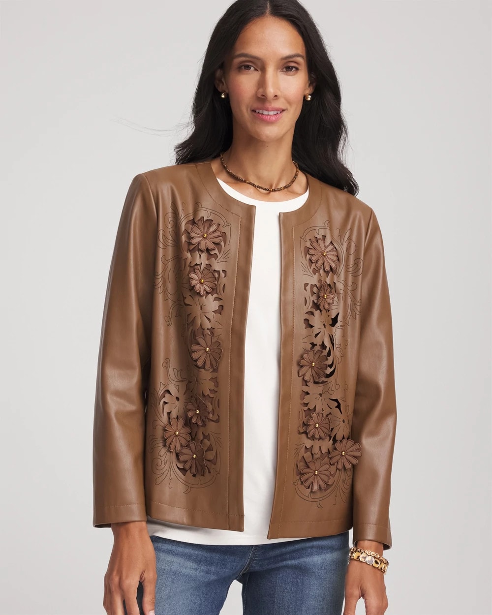 Chico's | Floral Cutwork Faux Leather Jacket/ Chocolate Truffle