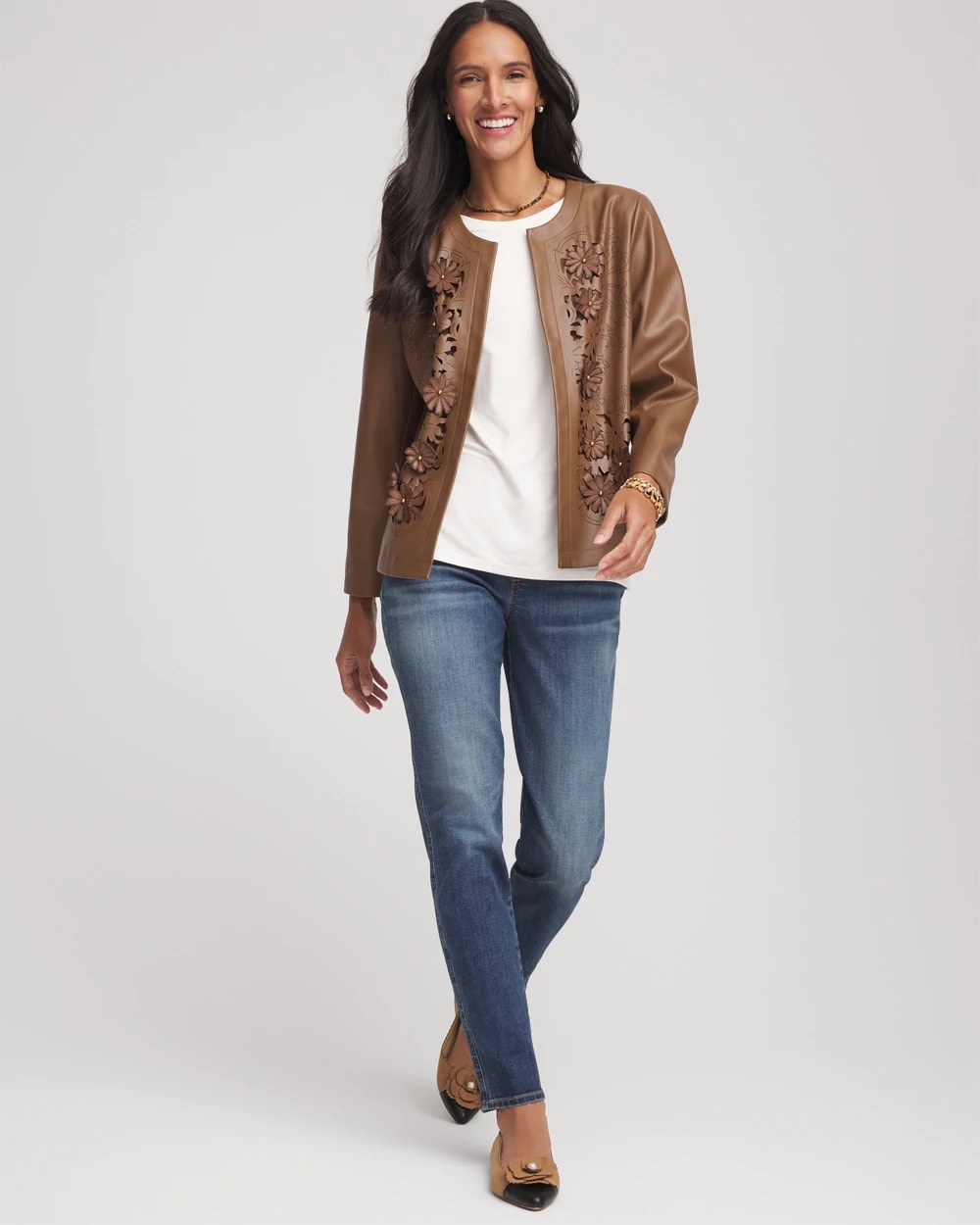 Chico's | Floral Cutwork Faux Leather Jacket/ Chocolate Truffle