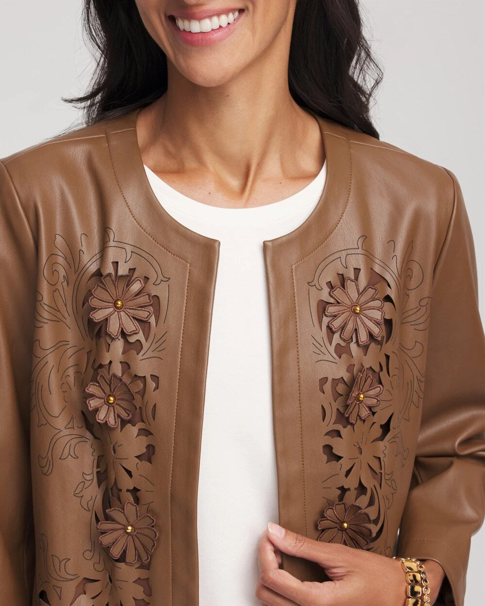 Chico's | Floral Cutwork Faux Leather Jacket/ Chocolate Truffle