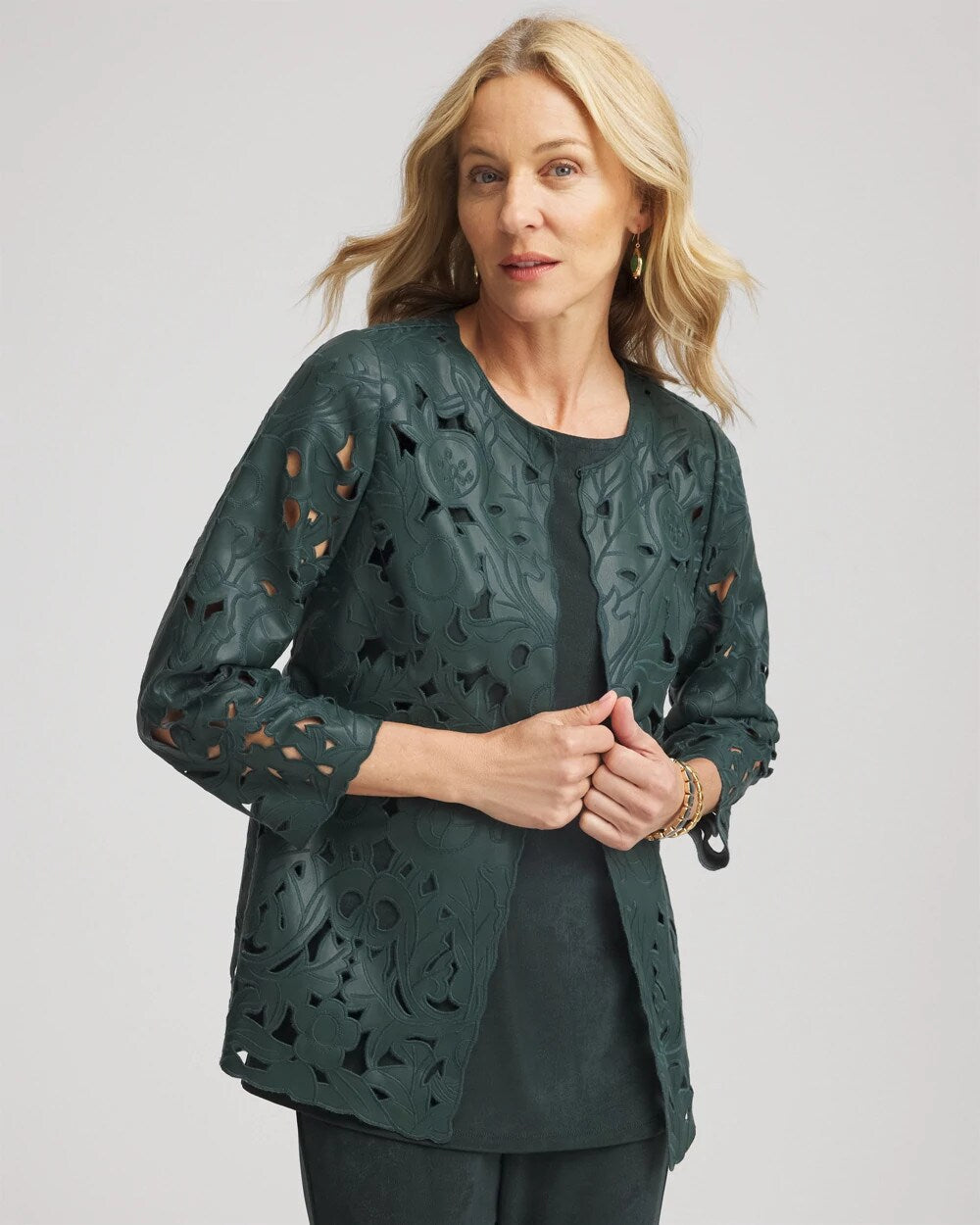 Chico's | Travelers™ Collection Faux Leather Floral Jacket/ Darkest Spruce