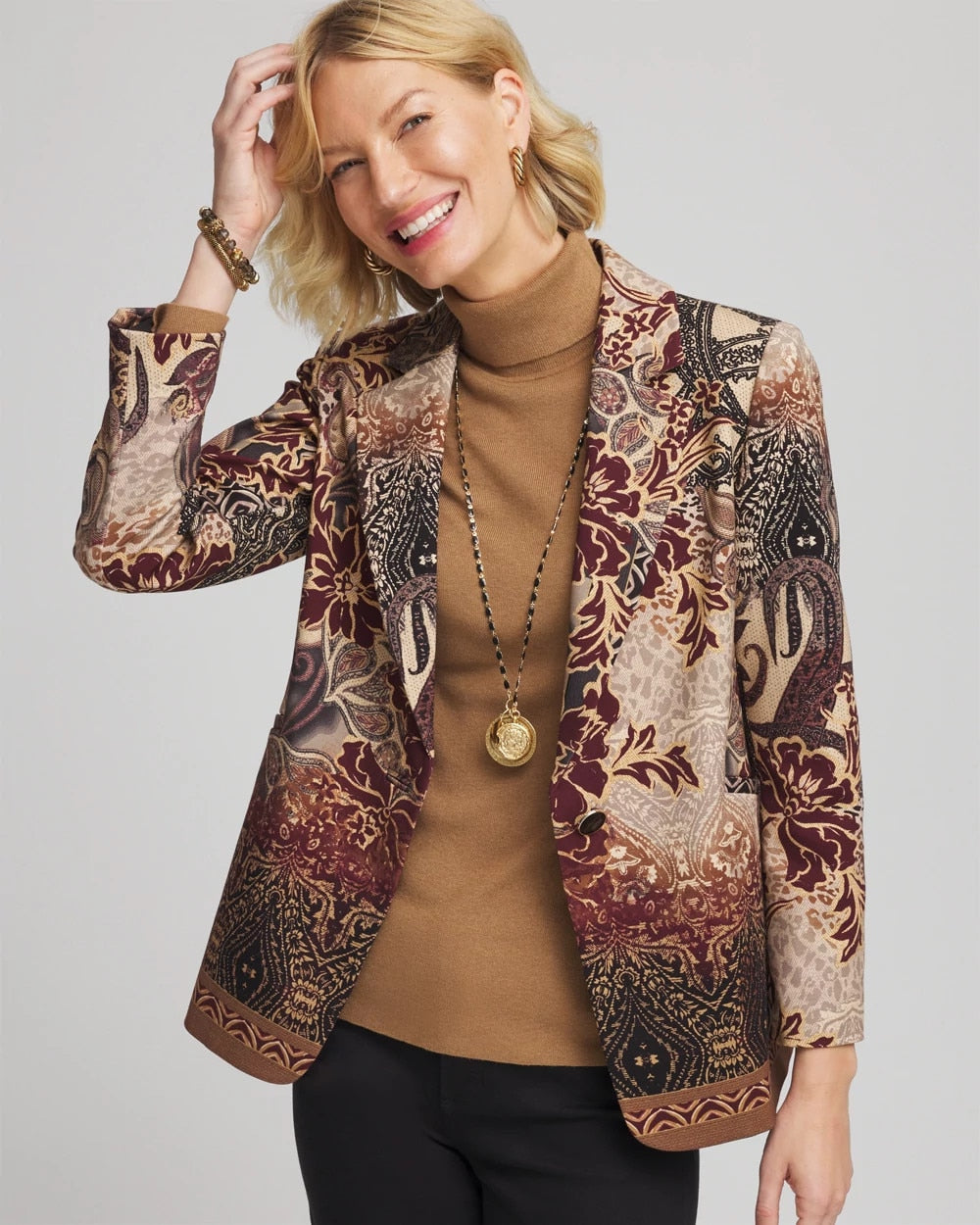 Chico's | Artisanal Print Ponte Blazer/ Graphite Gray