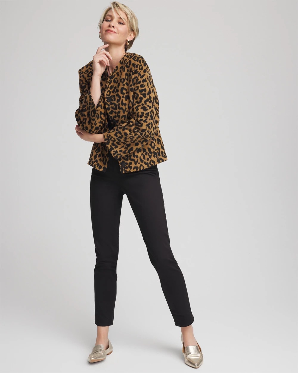 Chico's | Fuzzy Collarless Animal Print Jacket/ Camel