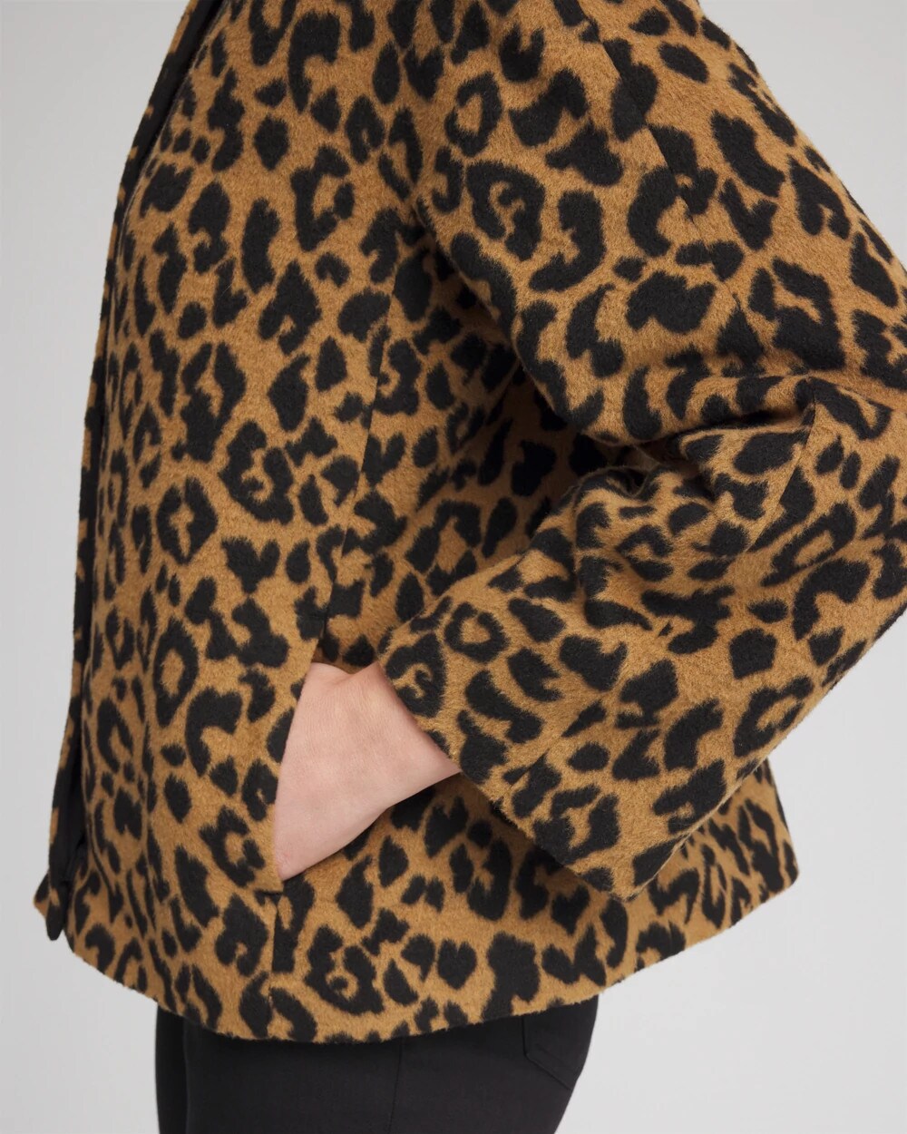 Chico's | Fuzzy Collarless Animal Print Jacket/ Camel