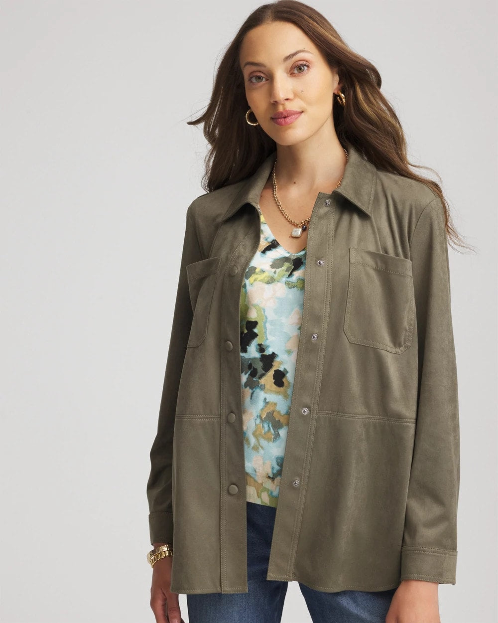 Chico's | Suede Collared Long-Sleeved Shacket/ Nettle Leaf