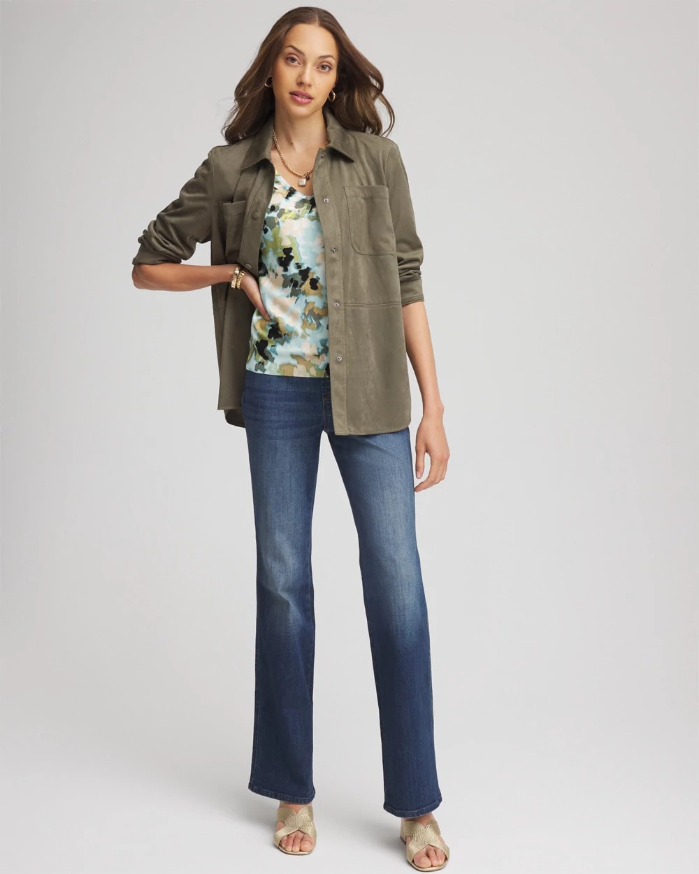 Chico's | Suede Collared Long-Sleeved Shacket/ Nettle Leaf