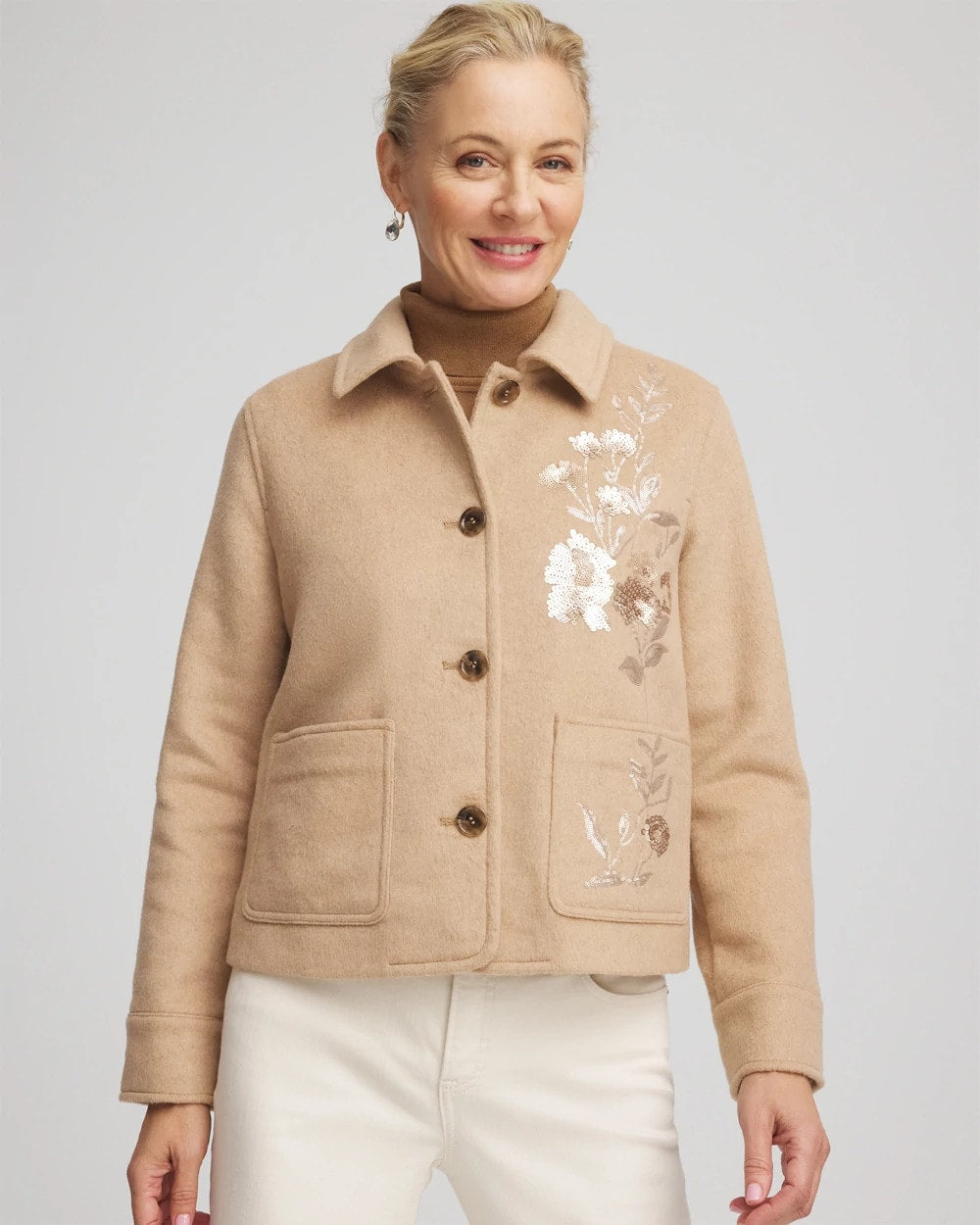 Chico's | Embroidered Wool Chore Jacket/ Light Taupe Heather