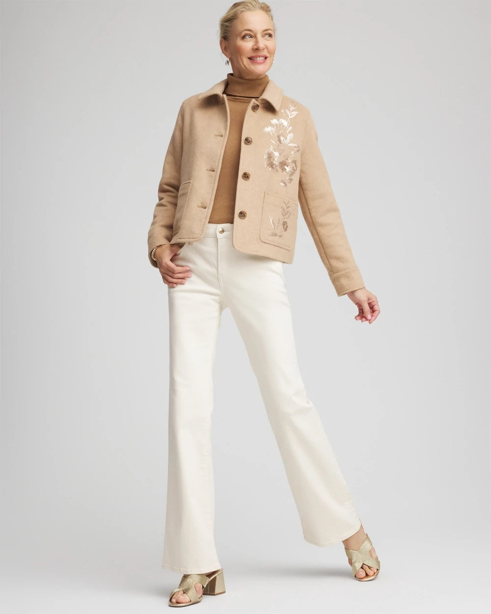 Chico's | Embroidered Wool Chore Jacket/ Light Taupe Heather